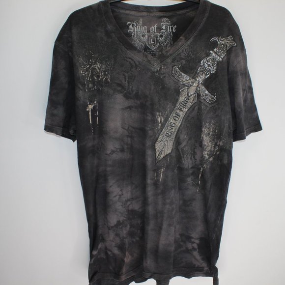 Ring of Fire Other - Ring Of Fire V-Neck Sword Mens L Black S/S Cotton Graphic Print Pullover T-Shirt